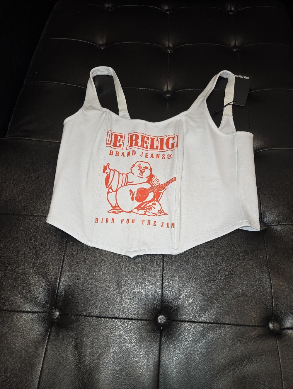 True Religion White Cropped Graphic Tank with Orange Logo